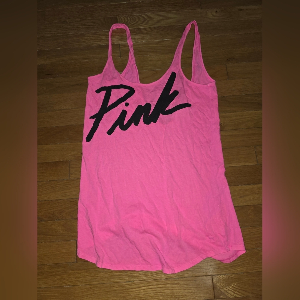 NEW VINTAGE OVERSIZED PINK Victoria's Secret Bright Pink Tank Black Logo SMALL
